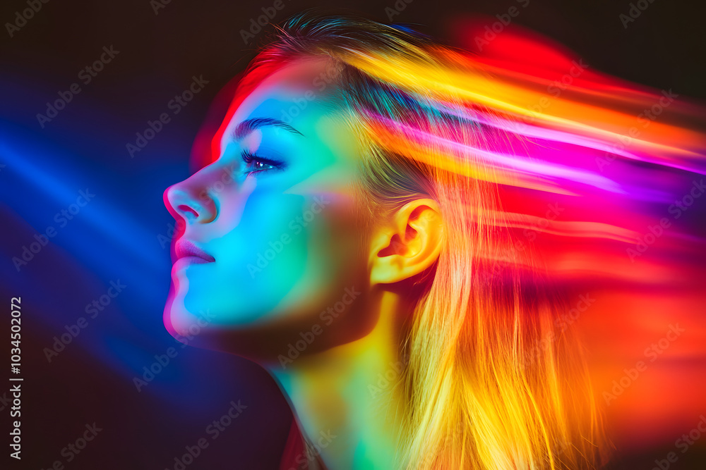 Vibrant Iridescent Light Play on Woman's Profile Enhanced with Colorful Tones Vibrant Iridescent Light Play on Woman's Profile Enhanced with Colorful Tones