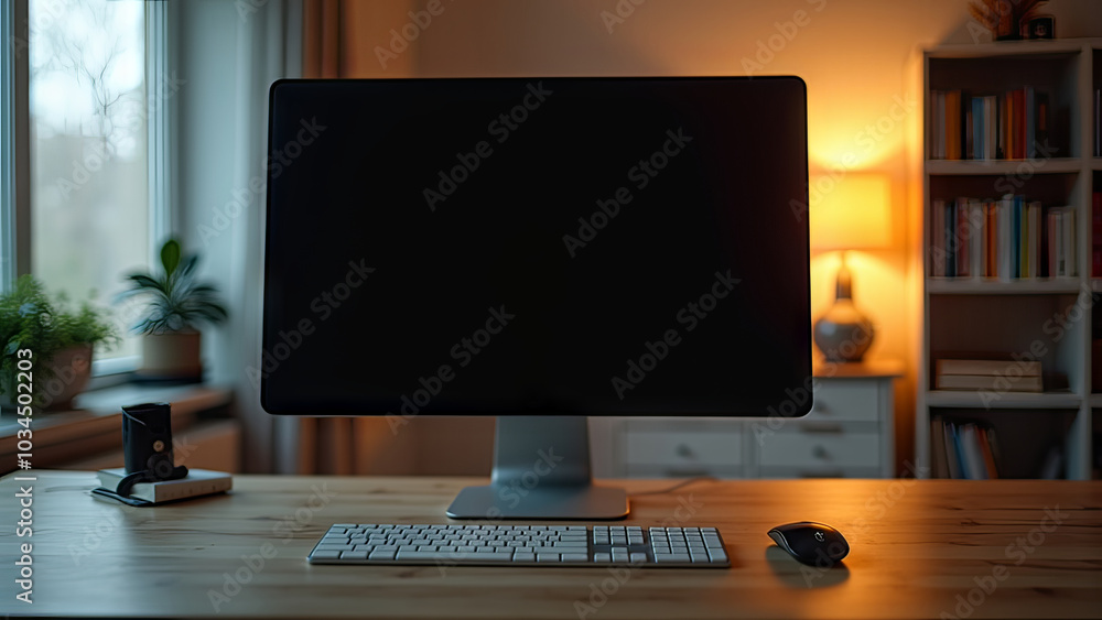 Generative, AI, A modern workspace with a computer monitor, keyboard, mouse on a wooden desk.
Generative, AI, A modern workspace with a computer monitor, keyboard, mouse on a wooden desk.