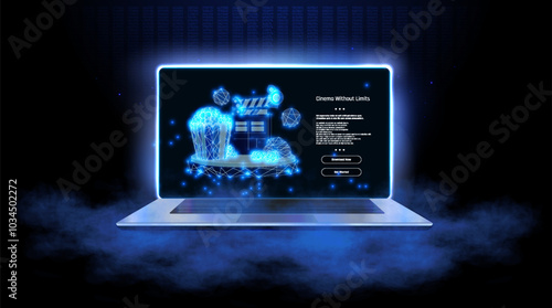 A futuristic laptop displaying a glowing interface with cinematic elements set against a dark background at night