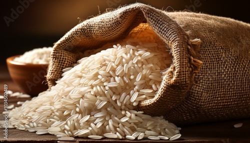 a close up of uncooked rice in a burlap sack representing nourishment and the foundation of meals this conveys the importance of staple foods in daily life photo