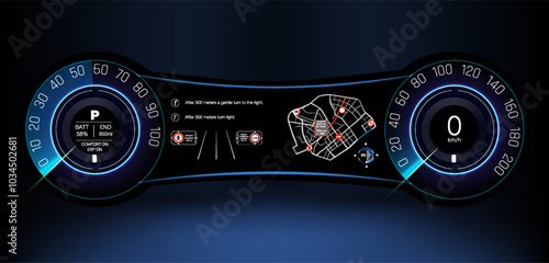 Futuristic car dashboard display showing navigation and speedometer during nighttime driving
