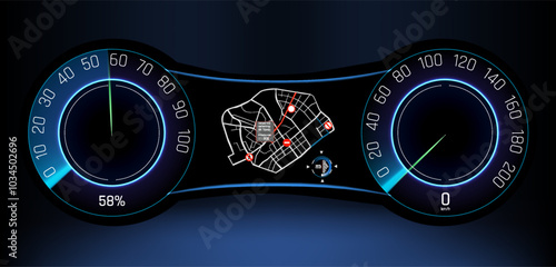 High-tech dashboard display showcasing real-time navigational information and performance metrics at night