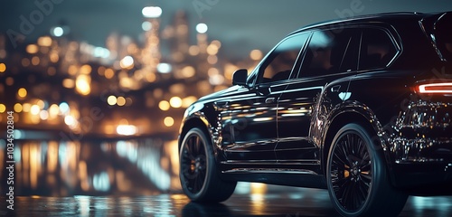 Black luxury SUV half side view with ample copy space on blurred night city background for premium vehicle ads
