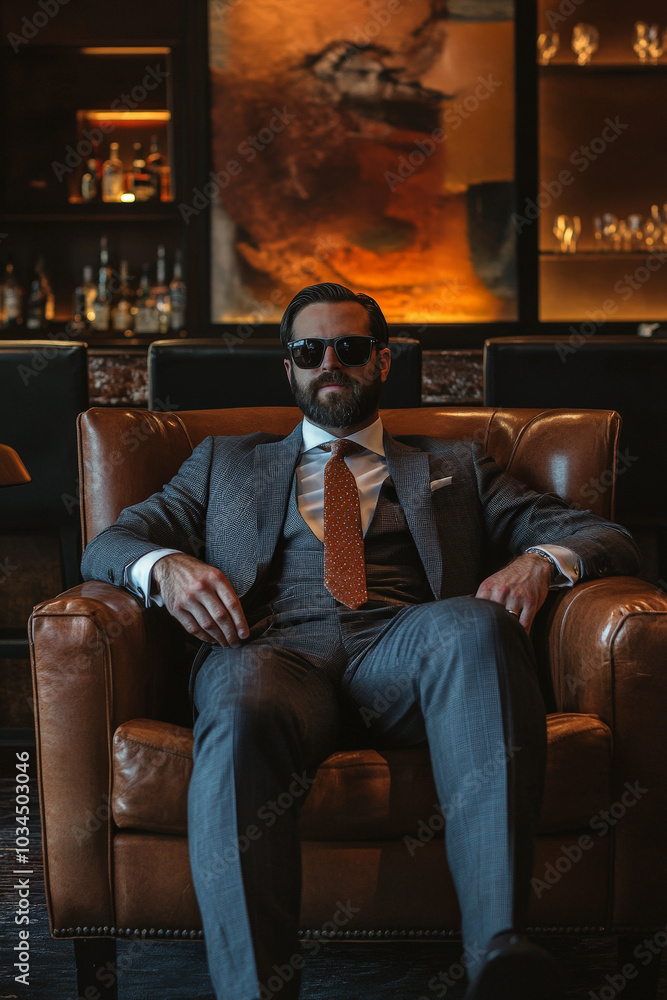 Seated in a plush leather armchair, a man with a beard and sleek sunglasses radiates confidence in a modern, stylish suit. The room’s upscale decor, featuring a sleek bar in the background, enhances Seated in a plush leather armchair, a man with a beard and sleek sunglasses radiates confidence in a modern, stylish suit. The room’s upscale decor, featuring a sleek bar in the background, enhances