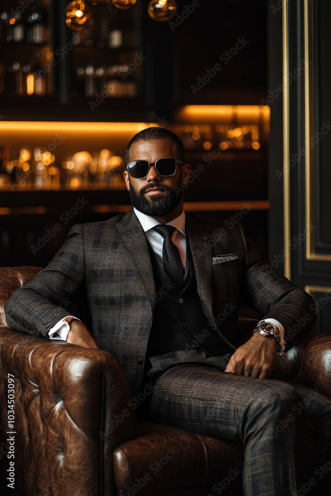 Seated in a plush leather armchair, a man with a beard and sleek sunglasses radiates confidence in a modern, stylish suit. The room’s upscale decor, featuring a sleek bar in the background, enhances Seated in a plush leather armchair, a man with a beard and sleek sunglasses radiates confidence in a modern, stylish suit. The room’s upscale decor, featuring a sleek bar in the background, enhances