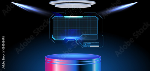 A futuristic holographic display showcasing data in a darkened environment with blue and purple lighting effects