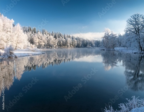 a serene snow clad lake with frosted trees reflecting in the still icy waters