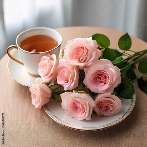 a simple bouquet of pink roses and a cup of tea on a table