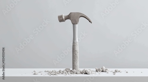 A close-up of a classic claw hammer resting on a clean, minimalistic surface designed for artwork or home projects photo