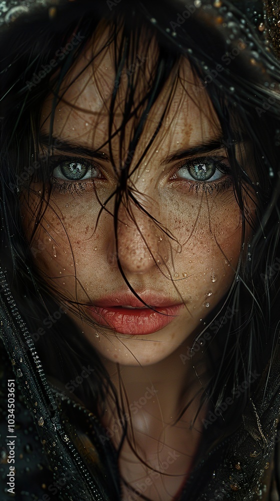 Intense Gaze: A Woman's Portrait with Wet Hair and Water Drops Intense Gaze: A Woman's Portrait with Wet Hair and Water Drops