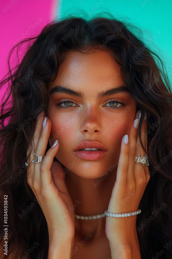 A confident young Brazilian woman displays her luxurious wavy hair and stunning jewelry on her hands. Her radiant makeup captures her youthful glow, set against a bright background that reflects her