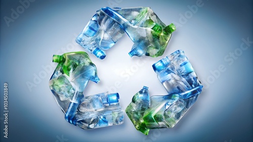 Conceptual onceptual image of a recycle symbol formed with crushed transparent plastic bottles highlighting eco-friendliness  photo