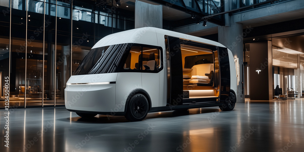 a futuristic mobile home, characterized by its sleek, glossy black exterior and extensive, rounded windows that create a modern, capsule-like appearance a futuristic mobile home, characterized by its sleek, glossy black exterior and extensive, rounded windows that create a modern, capsule-like appearance