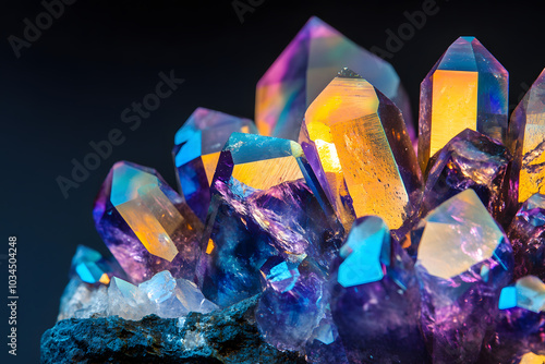 Vibrant Iridescent Crystals Glimmering in Light – Stunning Macrophotography of Colorful Quartz Points photo