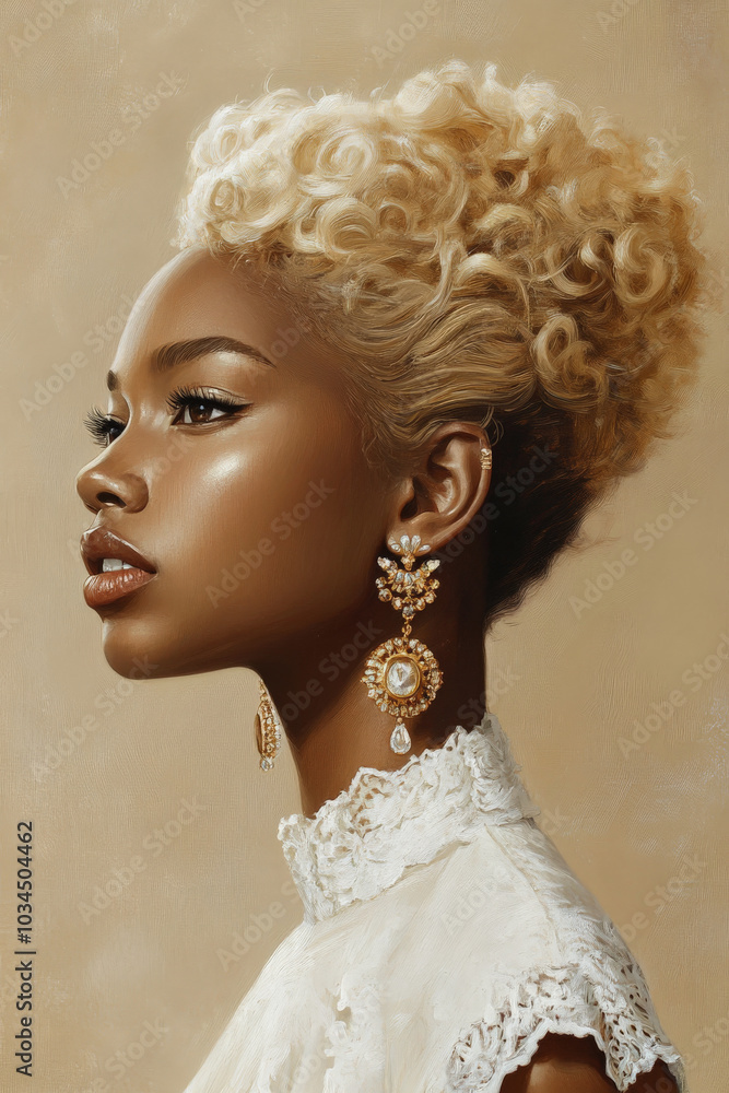 A young African American blonde woman’s ear adorned with shimmering earrings is pressed against a beige background. The jewelry glows with elegance, complementing her radiant beauty and the soft A young African American blonde woman’s ear adorned with shimmering earrings is pressed against a beige background. The jewelry glows with elegance, complementing her radiant beauty and the soft
