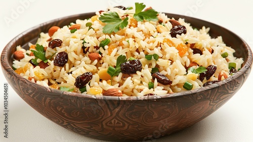 A bowl of rice with raisins, almonds, and parsley.