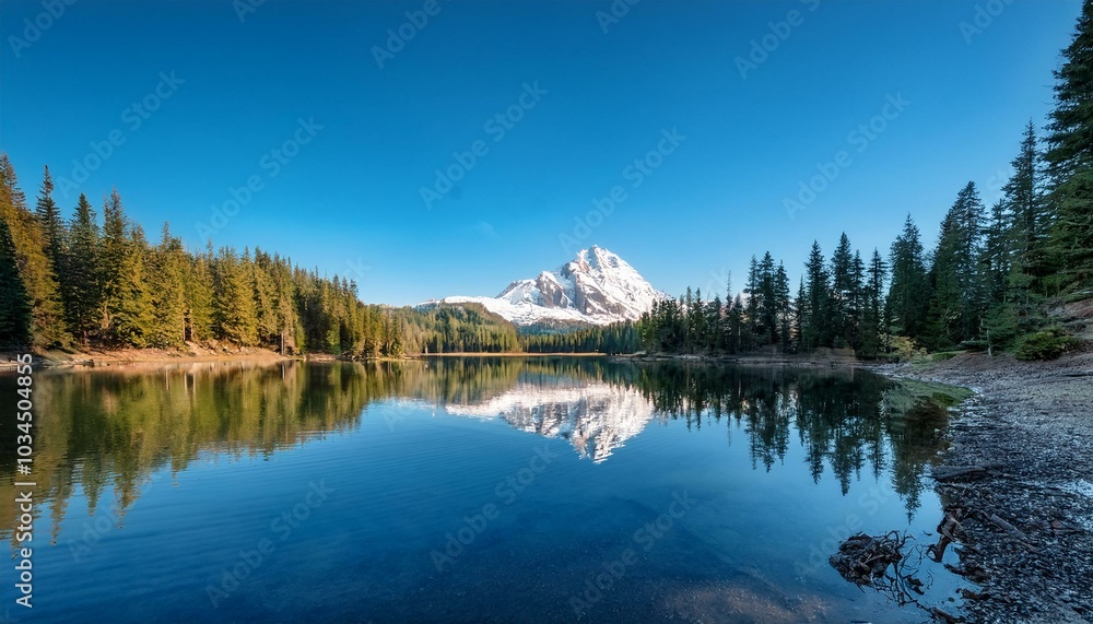 calm lake with a perfect reflection of pine trees and a snow capped mountain under a clear sky calm lake with a perfect reflection of pine trees and a snow capped mountain under a clear sky