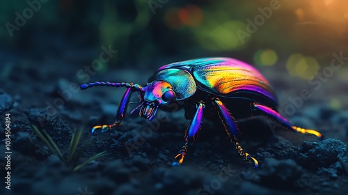 Vivid beetle glowing among mystical leaves in enchanted forest picture