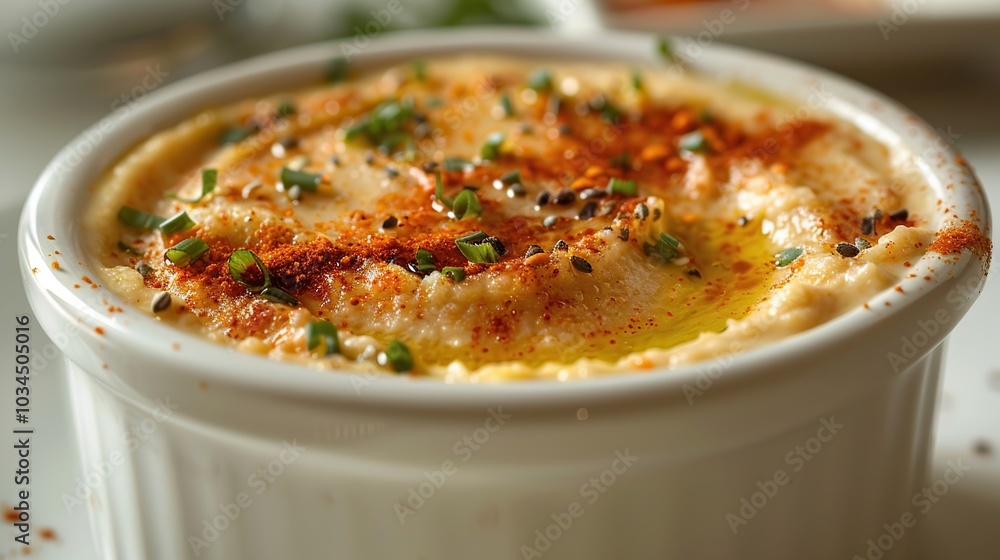 A white bowl of hummus topped with paprika, olive oil, and chives. A white bowl of hummus topped with paprika, olive oil, and chives.