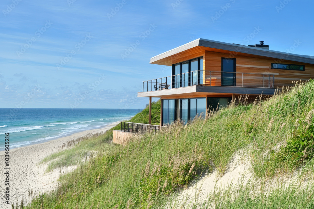 A contemporary wooden beach house sits majestically atop gentle sand dunes, overlooking the sparkling ocean. The scene captures the essence of coastal living, with the rhythmic sound of waves and the A contemporary wooden beach house sits majestically atop gentle sand dunes, overlooking the sparkling ocean. The scene captures the essence of coastal living, with the rhythmic sound of waves and the