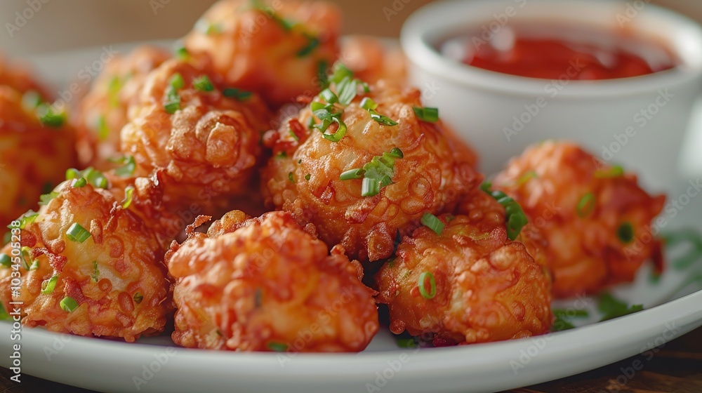Close-up of crispy golden fried cheese balls with a side of ketchup. Close-up of crispy golden fried cheese balls with a side of ketchup.