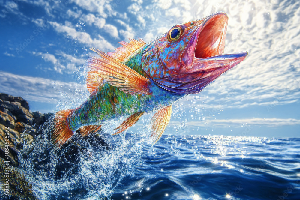 Naklejka premium A vibrant fish leaps out of the shimmering blue water, its wide-open mouth exposed to the bright sunlight. Below, the rocky shoreline forms a rugged backdrop, while the fish's colorful scales reflect