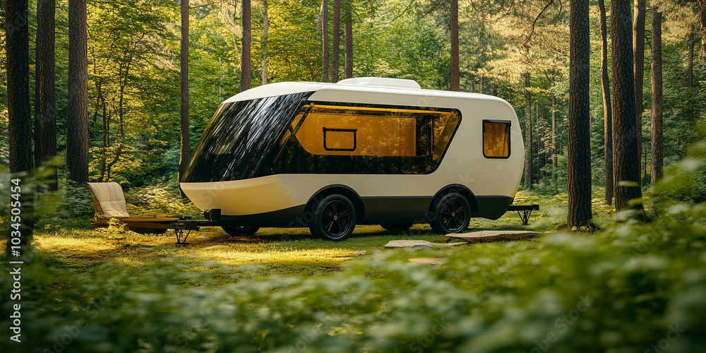 Obraz premium a futuristic mobile home, characterized by its sleek, glossy black exterior and extensive, rounded windows that create a modern, capsule-like appearance.
