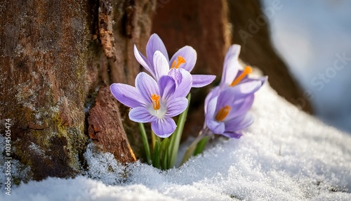 delicate purple flowers emerging from a light dusting of snow contrasting with the brown tree bark