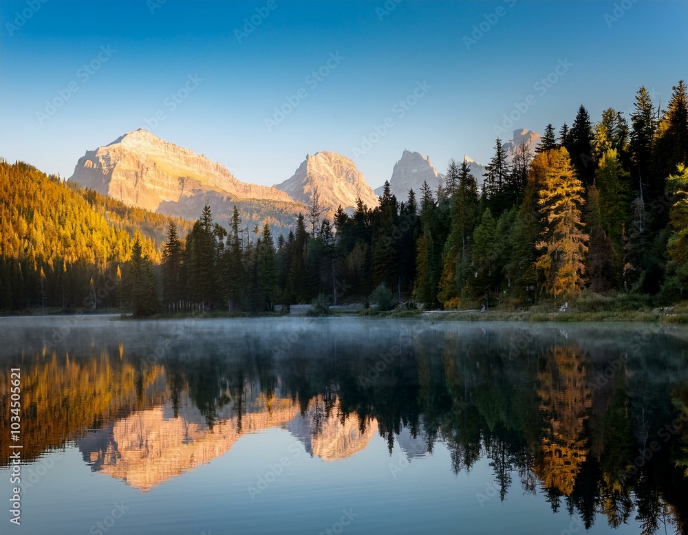early morning light illuminates a still mountain lake reflecting the surrounding forest and peaks early morning light illuminates a still mountain lake reflecting the surrounding forest and peaks