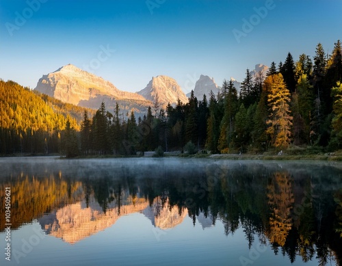 early morning light illuminates a still mountain lake reflecting the surrounding forest and peaks