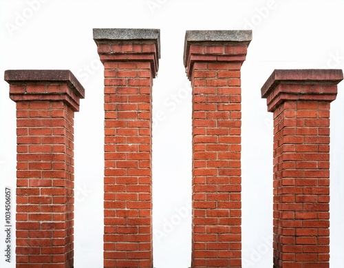 four red brick pillars isolated on white background