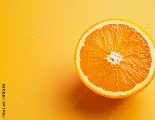 half orange isolated on a bright yellow background cut orange with juicy pulp banner with copy space