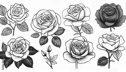 Wallpaper Mural hand drawn rose flowers set black and white illustration Torontodigital.ca