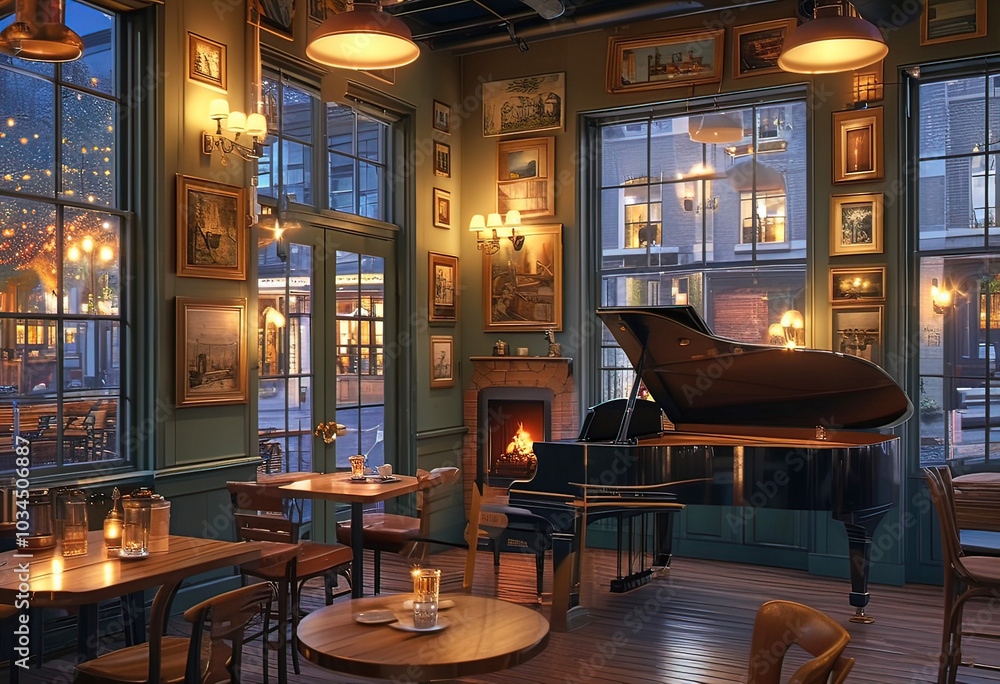 cozy evening jazz cafe with tables and chairs and grand piano, fireplace cozy evening jazz cafe with tables and chairs and grand piano, fireplace