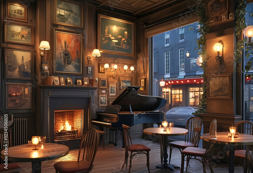 cozy evening jazz cafe with tables and chairs and grand piano, fireplace