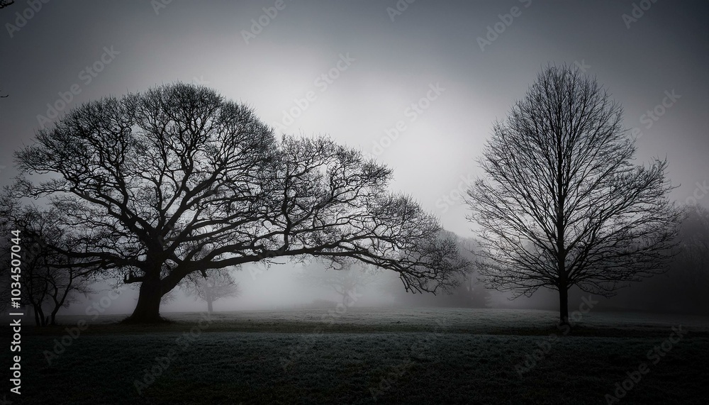 leafless winter tree silhouette with misty fog and moody sky late autumn park landscape in shades of gray leafless winter tree silhouette with misty fog and moody sky late autumn park landscape in shades of gray