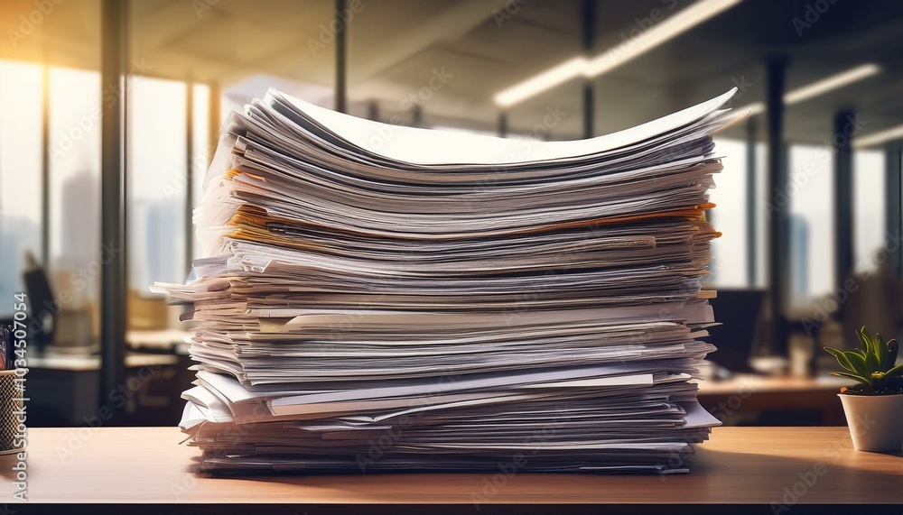 large stack of papers on a desk in office setting large stack of papers on a desk in office setting