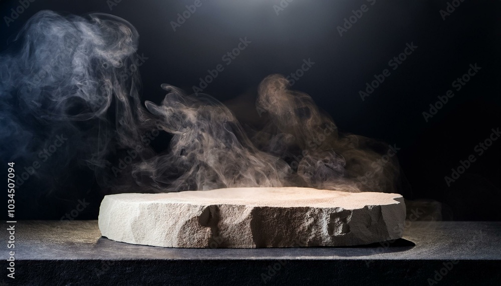 light grey and beige stone podium on dark background with smoke light grey and beige stone podium on dark background with smoke
