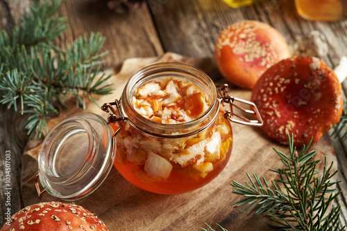 Preparation of herbal tincture from red fly agaric or amanita mushroom - alternative ointment for joints