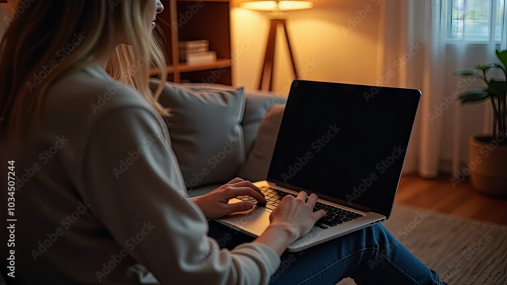 Generative, AI, Woman using laptop in a dimly lit room, comfortable home environment, technology and lifestyle concept.
Generative, AI, Woman using laptop in a dimly lit room, comfortable home environment, technology and lifestyle concept.