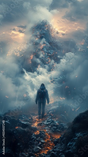 Hiker Ascends a Fiery Mountain Path