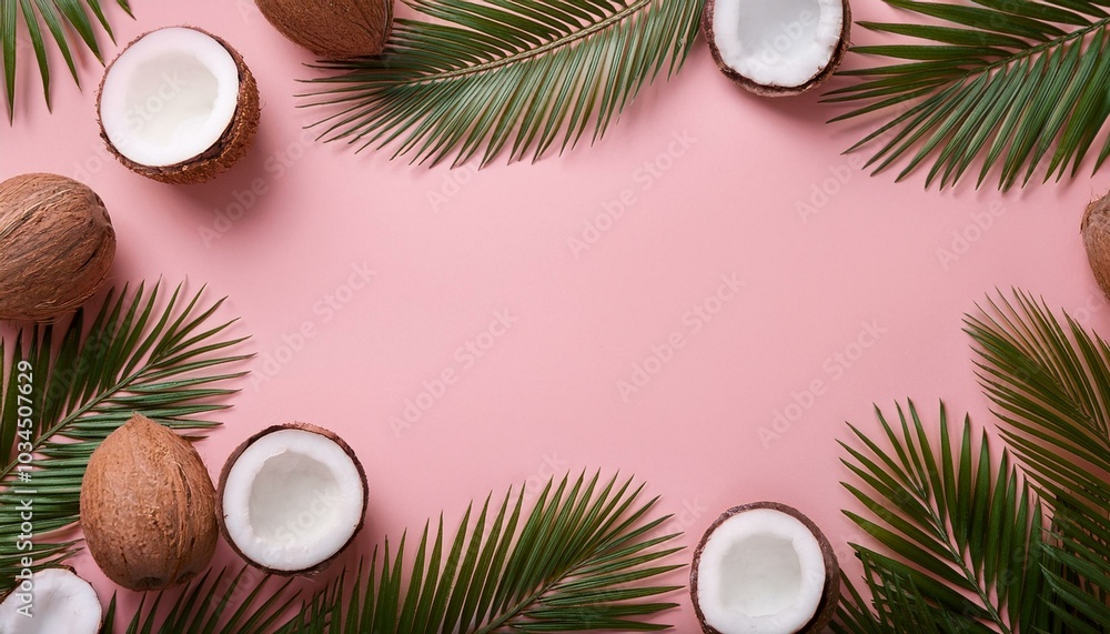 pastel pink background and frame of palm leaves and coconuts copy space in the center pastel pink background and frame of palm leaves and coconuts copy space in the center
