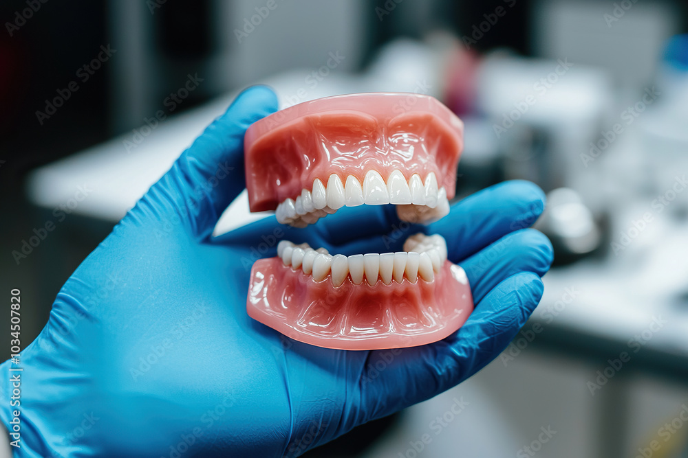 Hand holding dental models in a laboratory setting Hand holding dental models in a laboratory setting