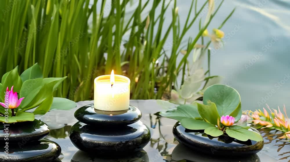 Burning candle next to smooth black stones and greenery, creating a relaxing and spa-like mood. video Burning candle next to smooth black stones and greenery, creating a relaxing and spa-like mood. video