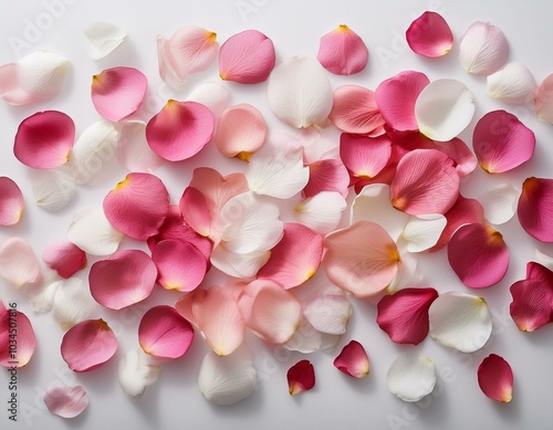 pink and white rose petals scattered on white background