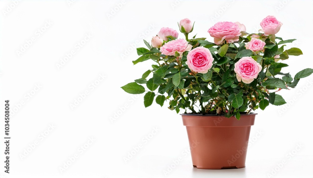 Fototapeta premium pink rose bush in potted plant isolated on white background