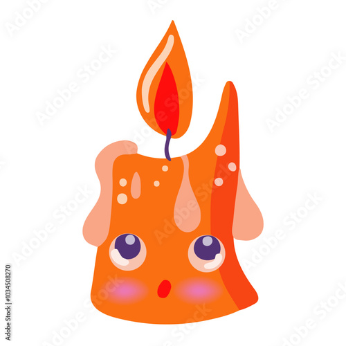 A cute cartoon candle with a flame isolated on a white background. The anthropomorphic candle is surprised and looks with cute eyes. Vector illustration for Halloween