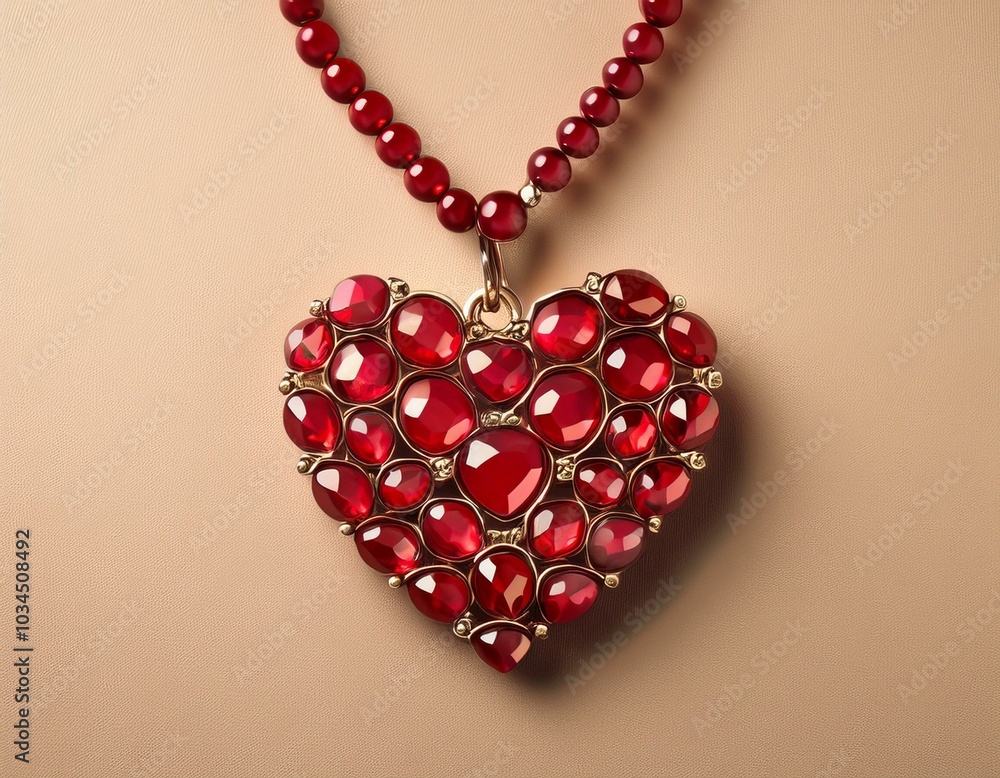 red heart shaped necklace on beige background with red stone beads top view with copy space red heart shaped necklace on beige background with red stone beads top view with copy space