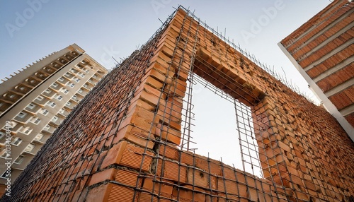 rectangular hole in wall closed with lattice reinforcement while building photo