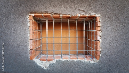 rectangular hole in wall closed with lattice reinforcement while building photo